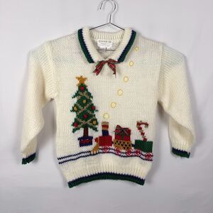 Evian II Christmas Tree Holiday Train Hand Knit Sweater Collared Bow Women M